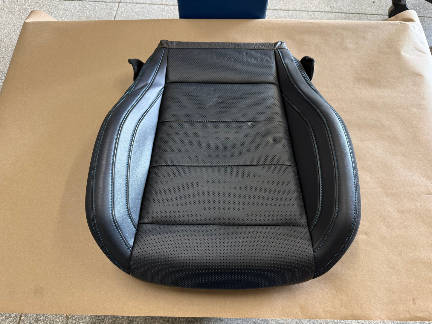 2018-2023 Ford Mustang RH Passenger Side Front Lower Leather Seat Cover "Blue Stitch"