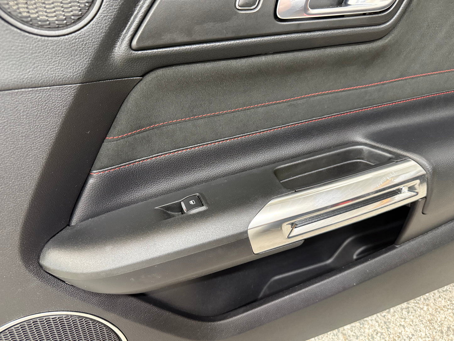 2018-2023 Ford Mustang GT RH Passenger Side Leather/Suede Door Panel Red Stitch