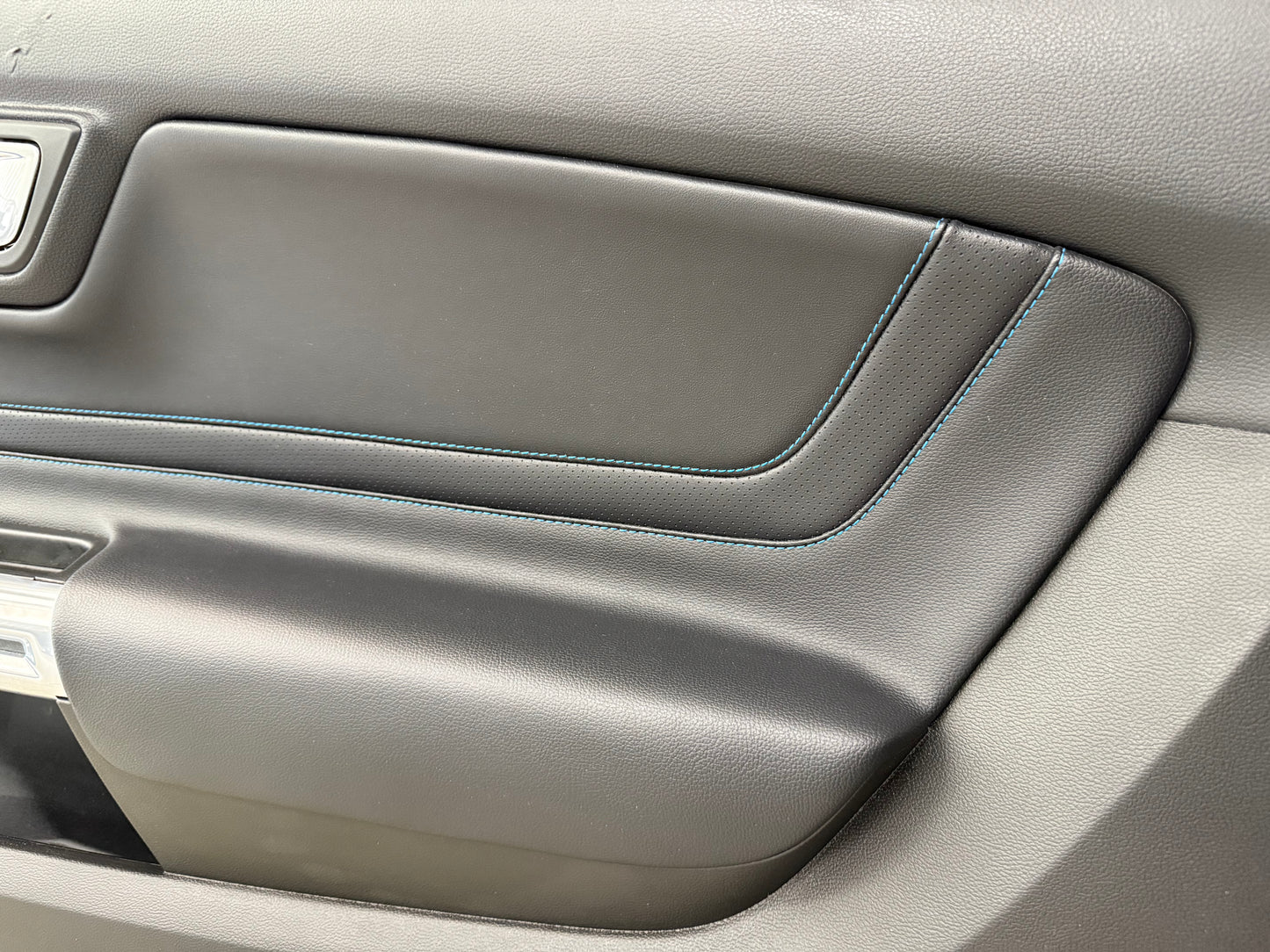 2018-2023 Ford Mustang RH Passenger Leather Insert Door Panel Soft "Blue Stitch"