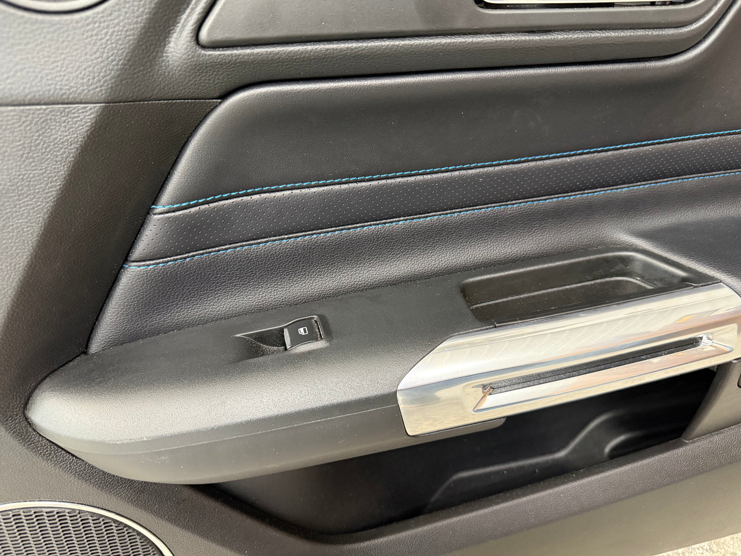 2018-2023 Ford Mustang RH Passenger Leather Insert Door Panel Soft "Blue Stitch"