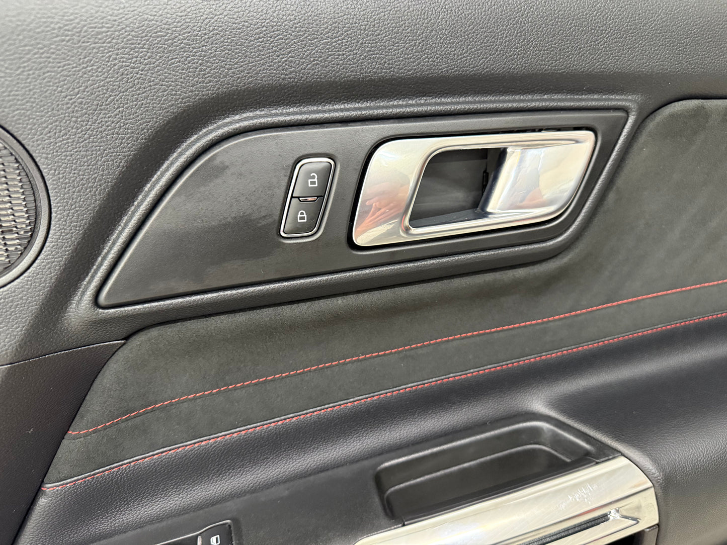 2018-2023 Ford Mustang GT RH Passenger Side Leather/Suede Door Panel Red Stitch