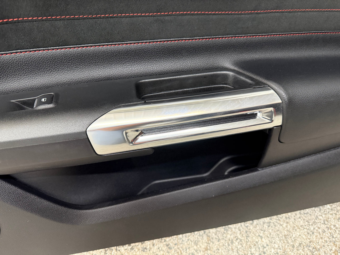 2018-2023 Ford Mustang GT RH Passenger Side Leather/Suede Door Panel Red Stitch