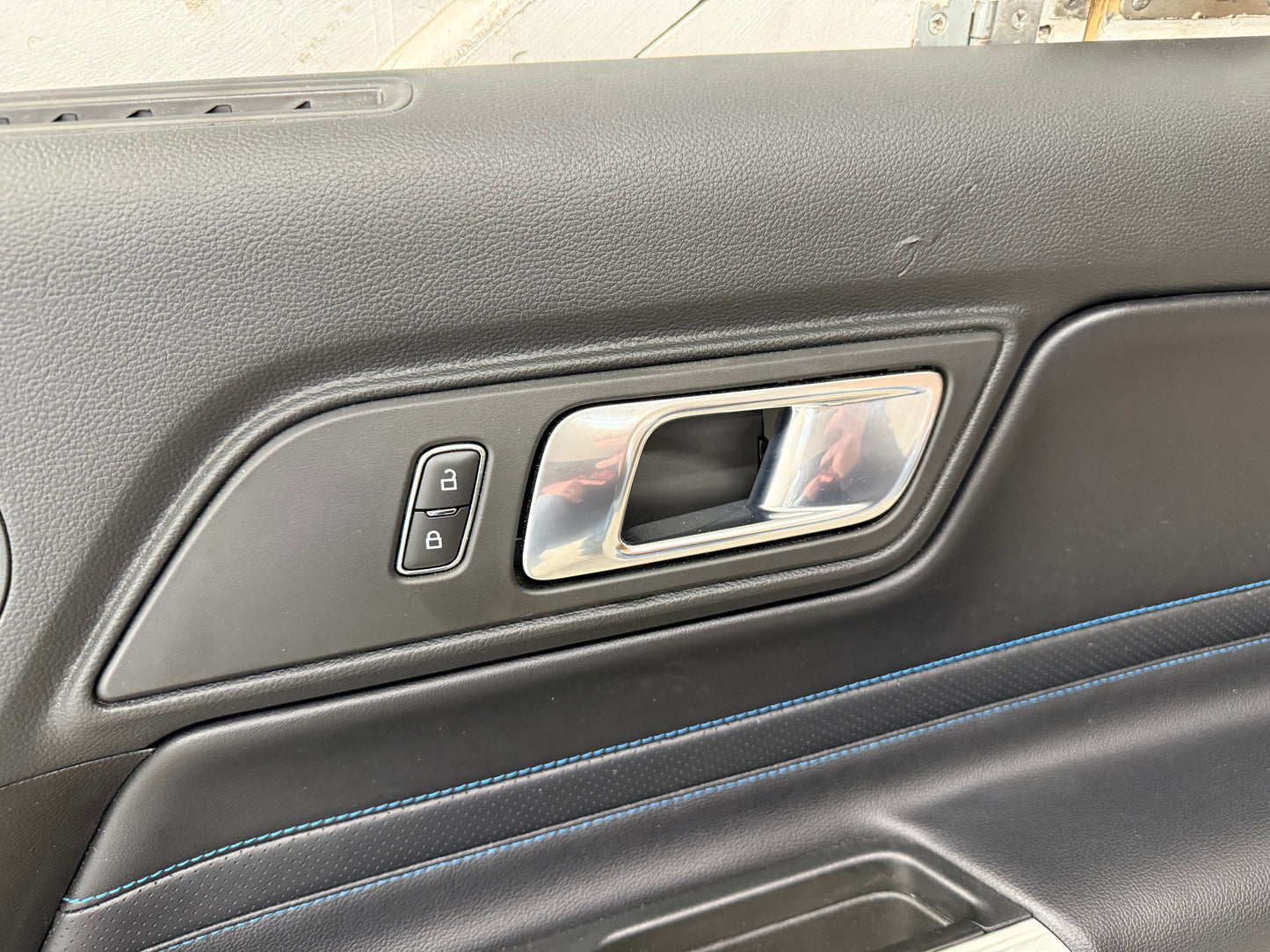 2018-2023 Ford Mustang RH Passenger Leather Insert Door Panel Soft "Blue Stitch"